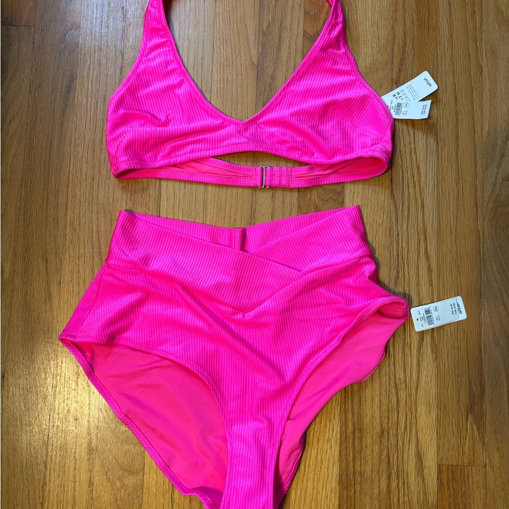NWT Aerie Swim Hot Pink bikini- halter top with high rise bottoms!